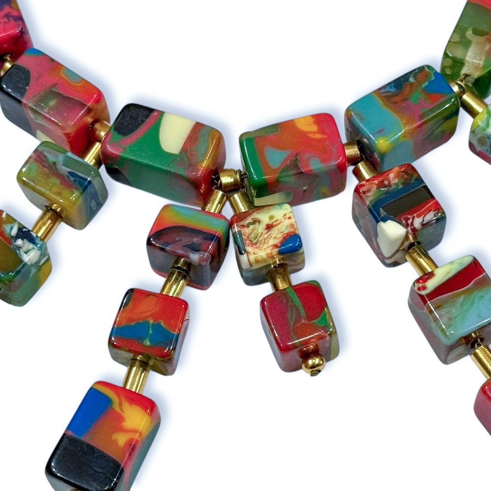 Unique Resin Necklace Beaded with Colorful Square Cube Chunks - Picture 10 of 16